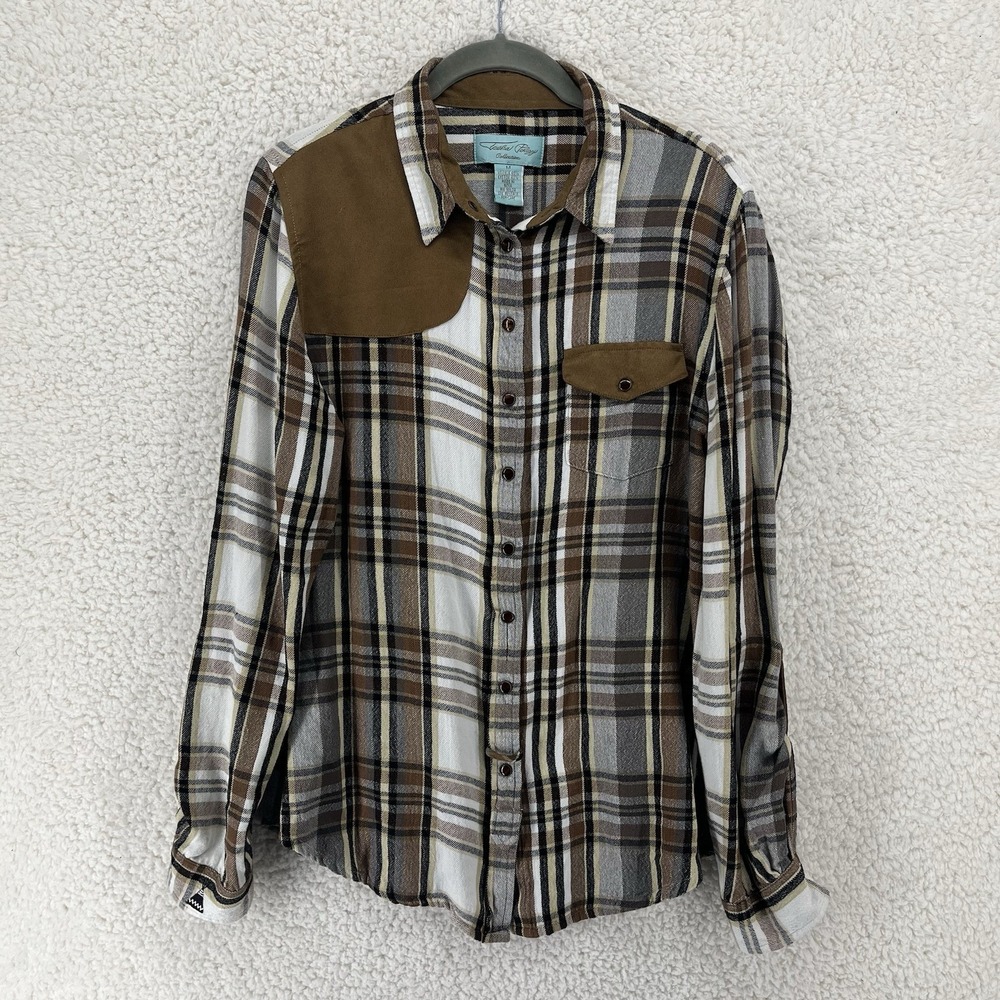 Tasha Polizzi Plaid Suede Brown Western Button Down Shirt Women's Size Medium